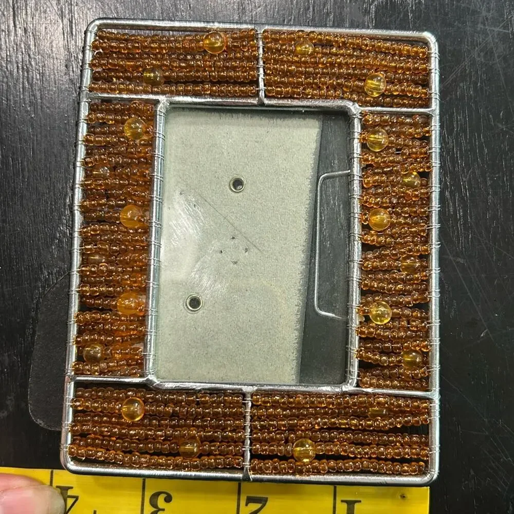 Beaded med brown Silver mini Photo Frame- glass insert- 5x4” whimsical 90s